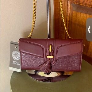 Vince Camuto Wine Leather Clutch with Gold Chain